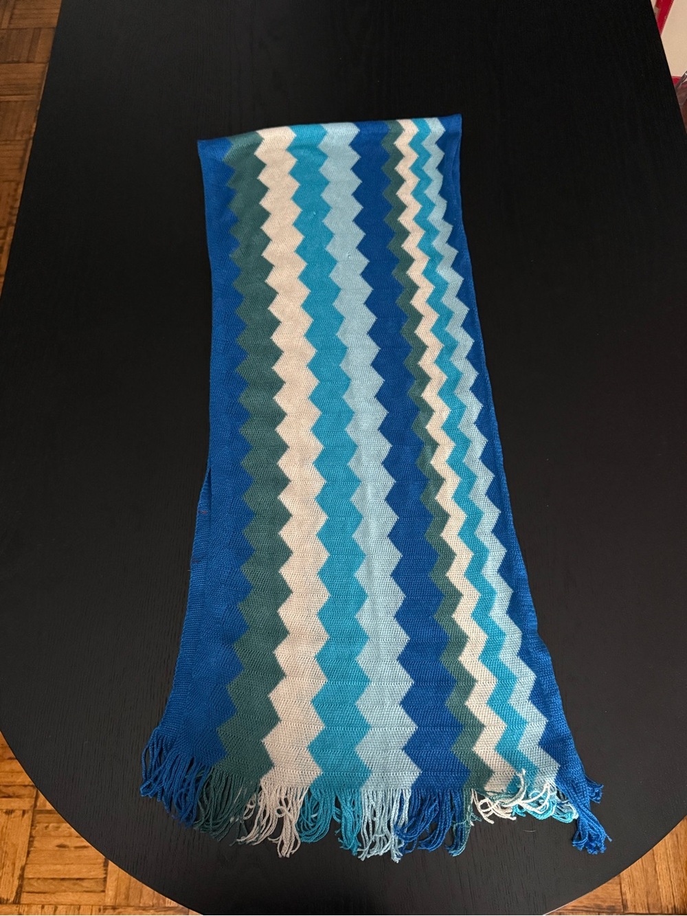 Missoni Blue Chevron Fringe Scarf with Teal and Cream Stripes